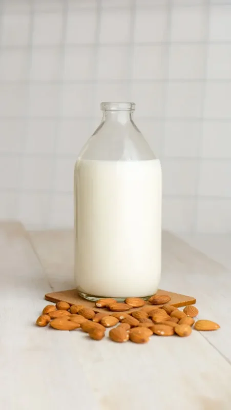 Glass bottle of almond milk with almond nuts