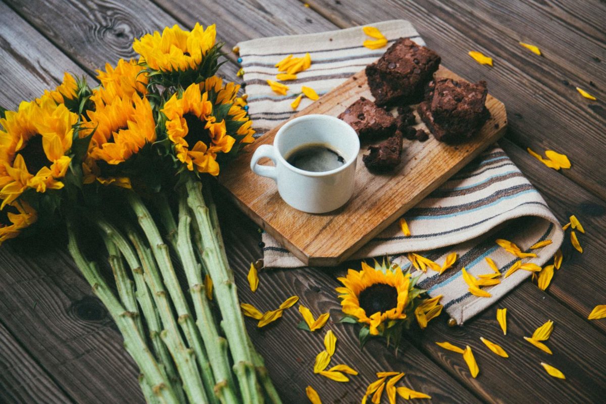Black Bean Chocolate Brownies with coffee and sunflowers