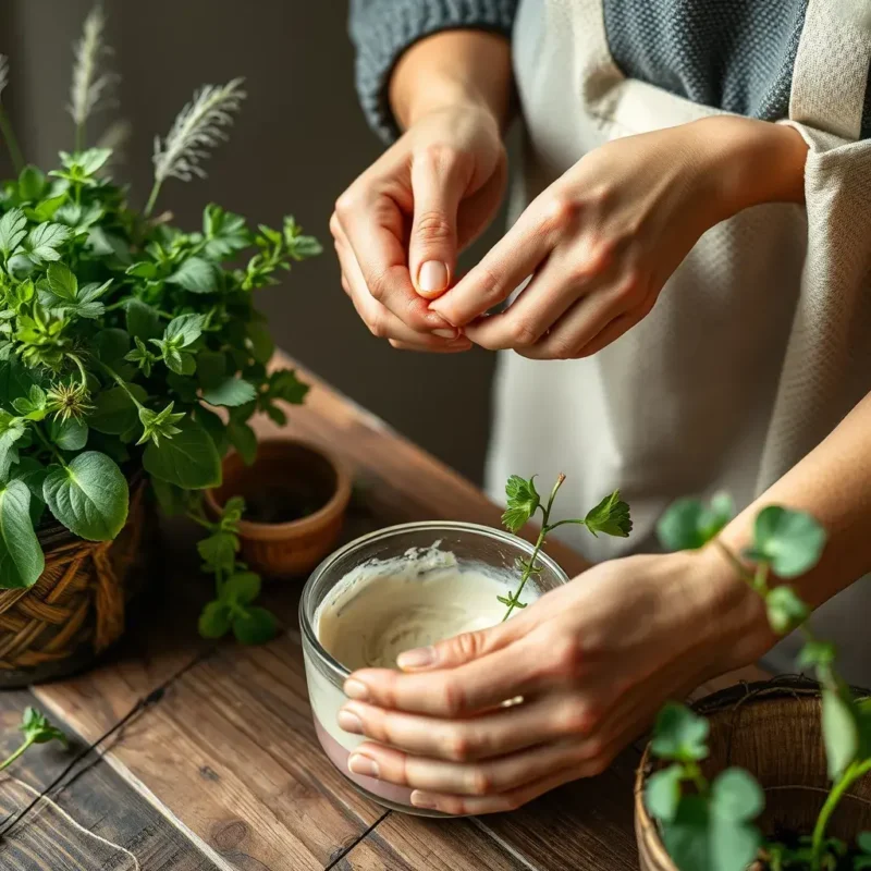 Close up of hands engaged in creating an indoor herb garden