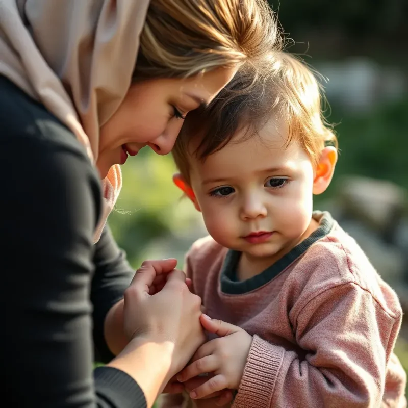 A mother tending to her injured child