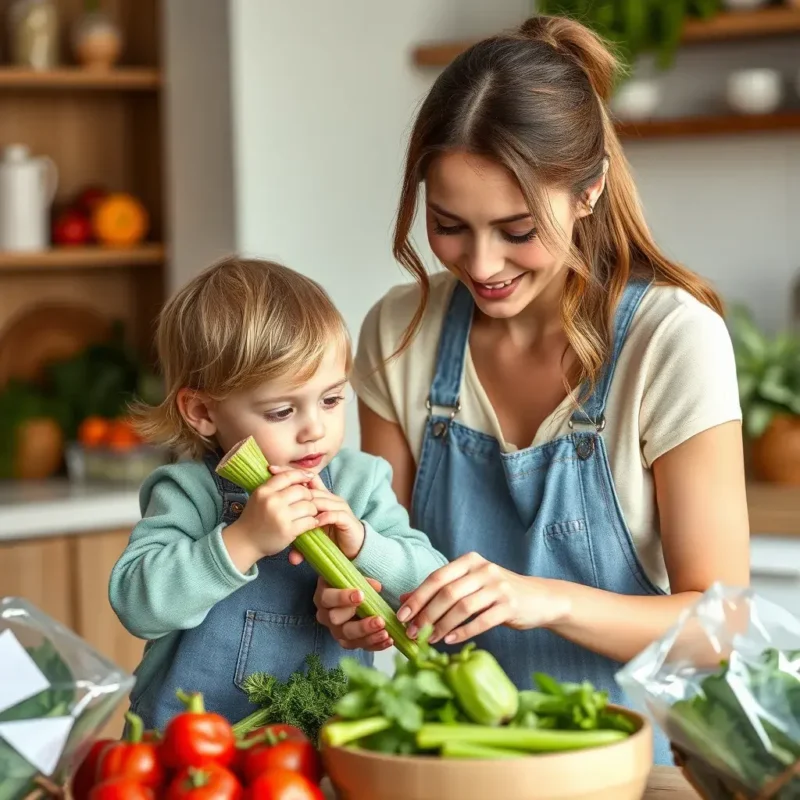 mother and child with fresh produce