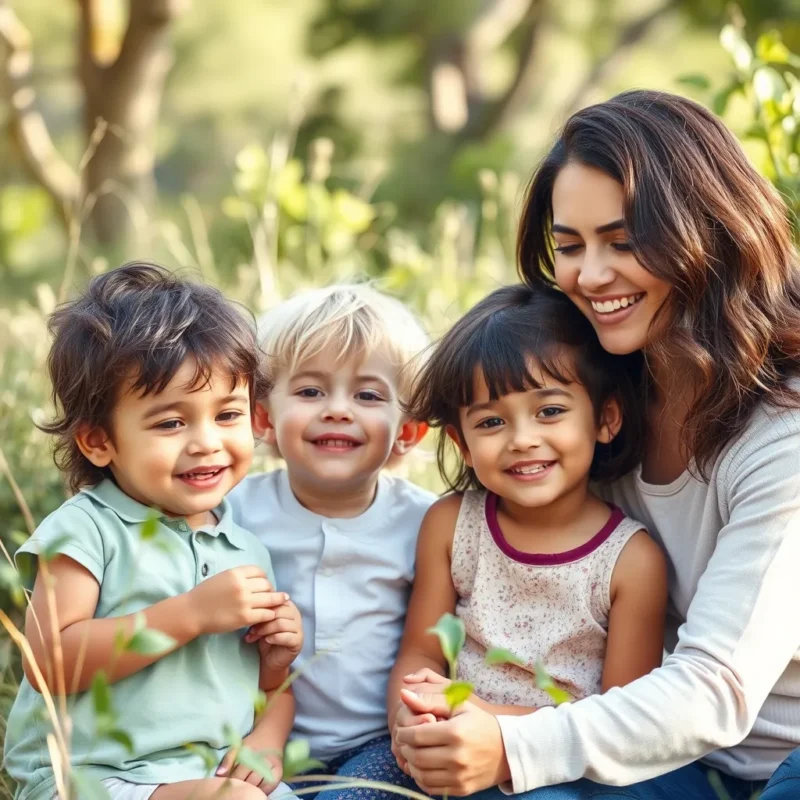 mother and three children playing outside